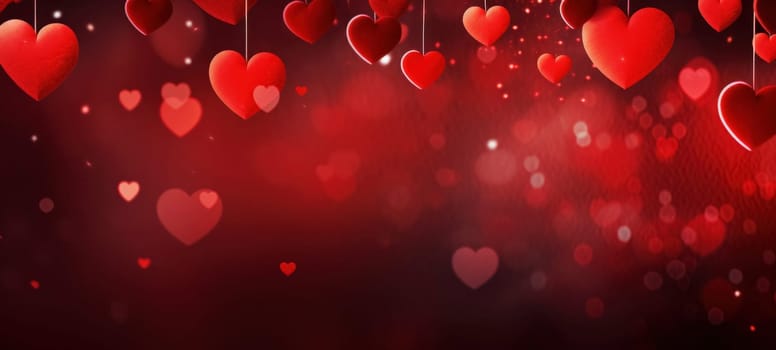 Deep red background with hanging heart shapes and bokeh lights for a Valentine's Day theme