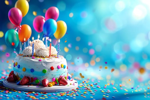 Birthday background with birthday cake with birthday candles and colorful balloon. Birthday card.
