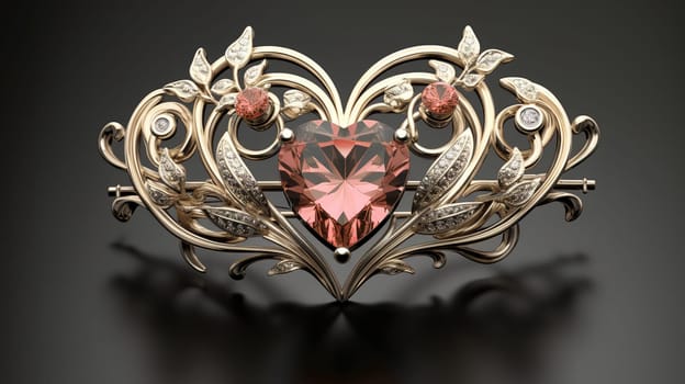 gold plated brooch in the shape of openwork heart with peach crystal in the middle, gift to loved woman for Valentine Day as symbol of love,color of the year 2024, Generated AI