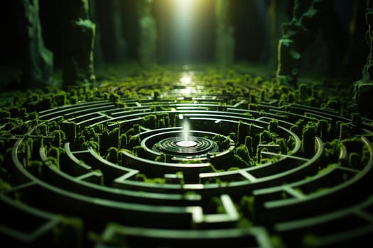 Round green labyrinth in nature with a light source in the center.