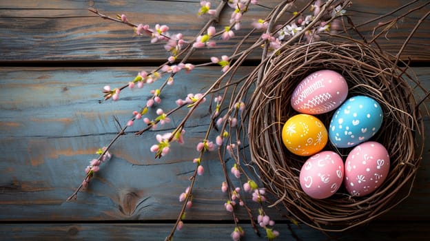 Happy Easter card and eggs. Selective focus. holiday Generative AI,