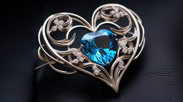 Silver brooch in the shape of a heart with a blue topaz crystal in the middle, a gift for your beloved woman on Valentine's Day, Mother's Day as symbol of love,color of the year 2024, Generated AI