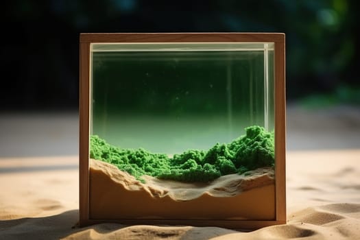 Green moss in a glass cube on the sand. Climate and ecology concept.