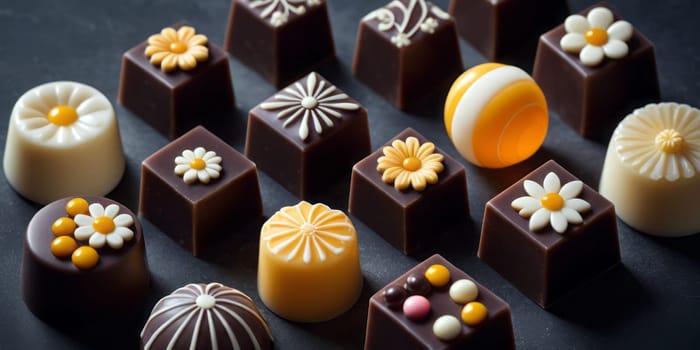 A variety of beautifully decorated chocolates on a dark surface. There are both dark and white chocolates, each adorned with different designs. Some chocolates are square and others are round, offering a mix of shapes. Several chocolates have floral designs on top, created with colored chocolate or icing. One unique piece in the center-right appears to be a swirl design in orange and white colors, standing out from the rest. The overall aesthetic is elegant and suggests these might be gourmet or artisanal chocolates. Generative AI