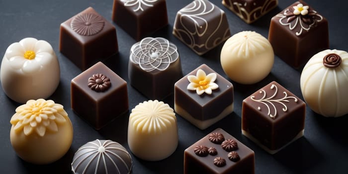 A collection of beautifully crafted chocolates on a dark surface. Each chocolate piece is distinct, featuring various shapes, colors, and decorative designs. Some chocolates are square with intricate patterns etched on the surface. Others are round and smooth with floral decorations. The colors range from dark brown and milk chocolate to white chocolate, offering visual diversity. The lighting accentuates the textures and designs of each chocolate piece, enhancing their aesthetic appeal. Generative AI