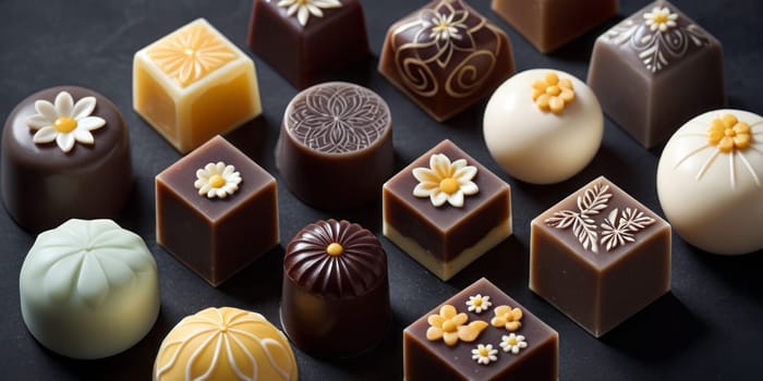 A collection of assorted chocolates with intricate designs on a dark surface. The chocolates have various shapes, colors, and decorations that make them look appealing and delicious. Some chocolates are square with etched patterns, others are round with floral toppings. The colors include dark, milk, and white chocolate, creating a contrast with the dark background. The chocolates are crafted with attention to detail and suggest high quality and artistry. Generative AI