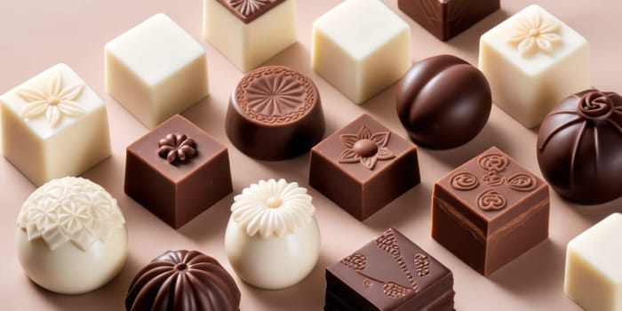 A collection of glossy chocolates with unique shapes and designs on a light brown background. The chocolates are made of different types of chocolate, including dark, milk, and white chocolate. Each piece has intricate designs on top, some resembling flowers and others with geometric patterns. The chocolates are glossy and appear freshly made, indicating high quality. There is no repetition in design. Each piece of chocolate is unique in its shape and design imprint. Generative AI