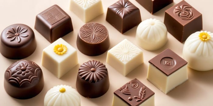 A collection of assorted chocolates with various shapes and designs on a light beige background. The chocolates are made of dark, milk, and white chocolate, each with unique and intricate decorations. Some chocolates have floral patterns, others have geometric designs or simple textures. The chocolates are glossy and appear freshly made, indicating high quality. Generative AI