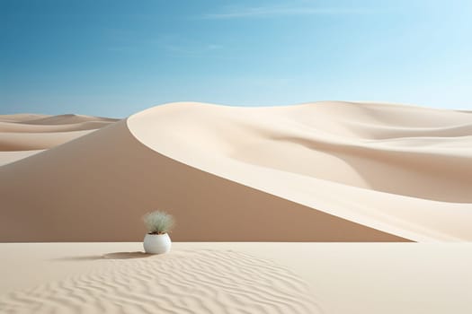 White vase with a dry plant in the middle of the desert dunes.