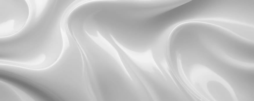 A smooth, flowing, and abstract pattern that resembles liquid or silk fabric. It is monochromatic, with various shades of white and grey creating a soft, elegant look. The curves and swirls in the design give it a dynamic and fluid appearance. There are highlights and shadows that add depth to the image, making it appear three-dimensional. The overall mood conveyed by this image is calmness and elegance due to its soft tones and flowing lines. Generative AI