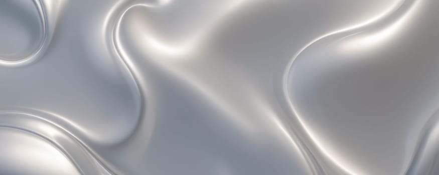 A smooth and glossy Silver surface with various curves and bends. It has a monochromatic color scheme, primarily in shades of white and grey. The surface appears soft and liquid-like, with highlights and shadows accentuating its curves. There is a sense of fluidity and motion conveyed by the shapes and contours of the surface. The lighting is soft yet pronounced, creating reflections on the peaks of the curves. Generative AI