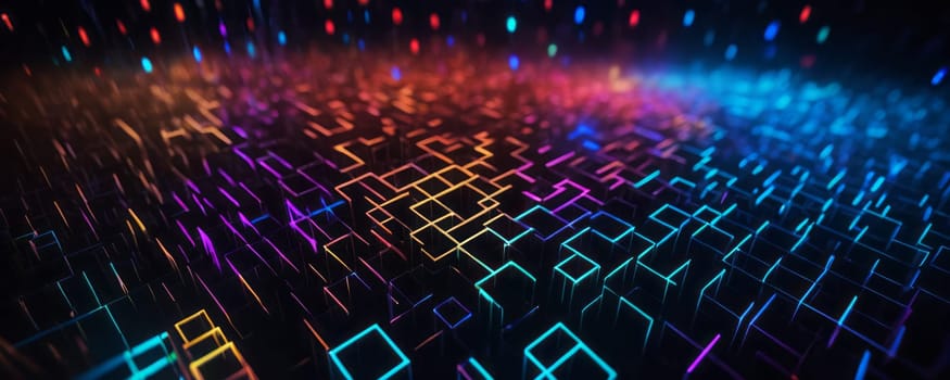 The image displays a dynamic and colorful digital landscape made of geometric shapes, specifically squares and rectangles. The shapes are outlined, creating a grid-like pattern across the image. There is a vibrant mix of colors including blue, red, purple, and yellow illuminating the outlines of the shapes. The colors create a gradient effect from one side of the image to the other, giving depth and dimension to the scene. Generative AI