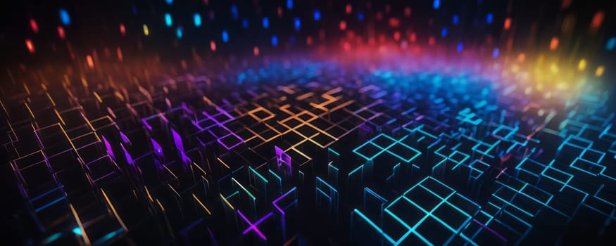 The image depicts a 3D digital landscape made up of illuminated geometric shapes, specifically squares and rectangles. The shapes are outlined in bright neon colors, creating a grid-like pattern across the surface. There is a dynamic play of lights with multiple colors including blue, purple, red, and yellow that create an energetic and vibrant atmosphere. Generative AI