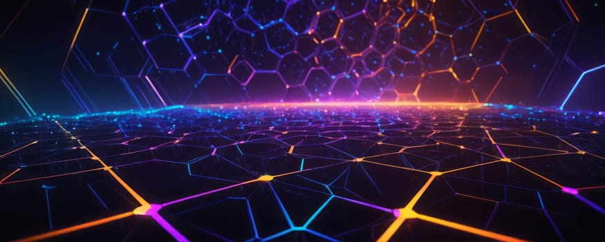 The image depicts a digital landscape made up of interconnected hexagonal shapes. The hexagons are illuminated with neon lights along their edges, creating a vibrant and futuristic atmosphere. The colors range from deep blues and purples to bright oranges and yellows, giving depth and dimension to the scene. Generative AI