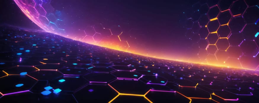 The image depicts a visually striking and futuristic scene with hexagonal patterns that cover the ground. A radiant glow emanates from the horizon, casting a warm light that contrasts with the cooler tones of the foreground. In the sky, there is a vibrant nebula or energy wave composed of purple and pink hues, adding an element of fantasy or science fiction to the scene. Generative AI