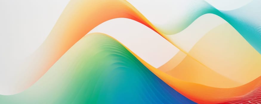 The image features abstract, colorful waves that flow smoothly across the canvas. The waves are composed of gradients of colors including green, orange, blue, and white. The design is sleek and modern with a sense of fluid motion conveyed by the overlapping layers of color. There is a harmonious blend of colors creating a visually pleasing aesthetic. Generative AI