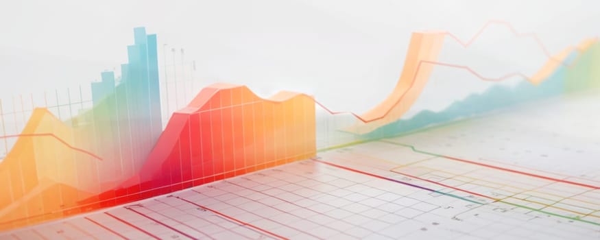 The image showcases various colorful graphical representations of data on a white background. It includes bar graphs with white bars casting soft shadows and line graphs with multiple peaks, represented in gradient colors from yellow to red. The graphs have a 3D appearance and are casting shadows on the grid surface they rest upon. Generative AI