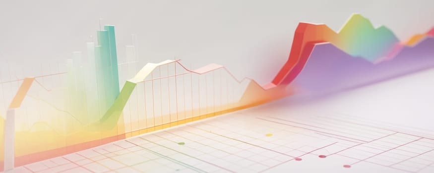 The image showcases a colorful and abstract representation of financial graphs and charts. It includes bar graphs with varying heights, depicted in shades of green, and a line graph with a fluctuating trend, changing colors from yellow to red as it progresses. The graphs have a 3D appearance and are casting shadows on the grid surface they rest upon. Generative AI