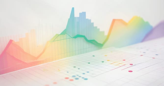 The image showcases various colorful graphical representations of data on a white background. It includes multiple overlaid line graphs with peaks and valleys, indicating fluctuations in the data. The graphs are rendered in a gradient of colors, transitioning from red to green to blue, creating a visually appealing effect. Generative AI