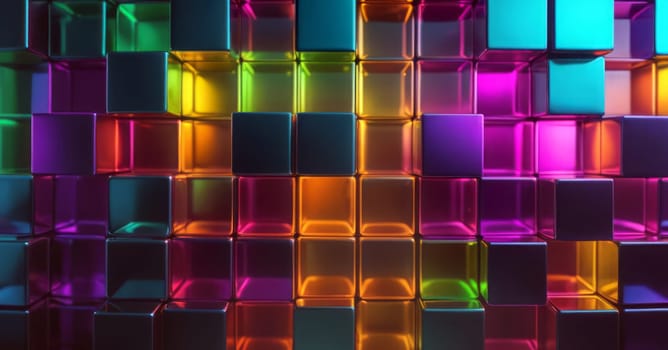 The image displays a series of colorful, illuminated cubes arranged next to each other. Each cube glows with a different color, including shades of blue, green, yellow, orange, red, and purple. The lighting creates a reflective surface on the cubes giving them a glossy appearance. The colors are vibrant and create a visually stimulating pattern across the entire image. Generative AI