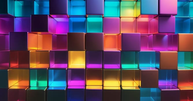 The image displays a series of colorful, illuminated cubes arranged next to each other. Each cube glows with a different color, including shades of blue, green, yellow, orange, red, and purple. The lighting creates a reflective surface on the cubes giving them a glossy appearance. The colors are vibrant and create a visually stimulating pattern across the entire image. Generative AI