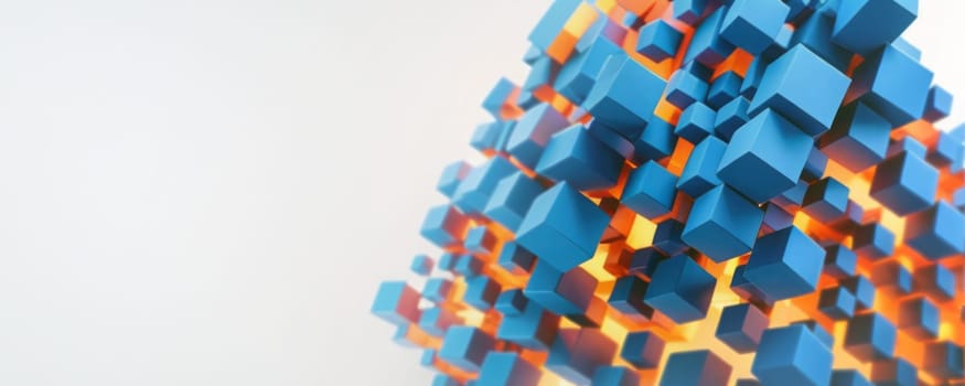 This is a generative art image of a 3D structure composed of numerous small, interconnected cubes. The cubes are primarily blue, with some appearing orange due to the lighting or shading effects. The structure has an irregular, somewhat pyramidal shape. It appears dynamic and complex, with a sense of movement or transformation conveyed by the arrangement and color gradient of the cubes. The background is plain white, putting the focus entirely on the colorful 3D structure. Generative AI
