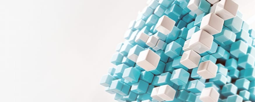 This image showcases a 3D structure composed of numerous small, cube-like shapes in turquoise and white colors, creating a visually appealing pattern. The plain white background emphasizes the colorful 3D structure. Generative AI