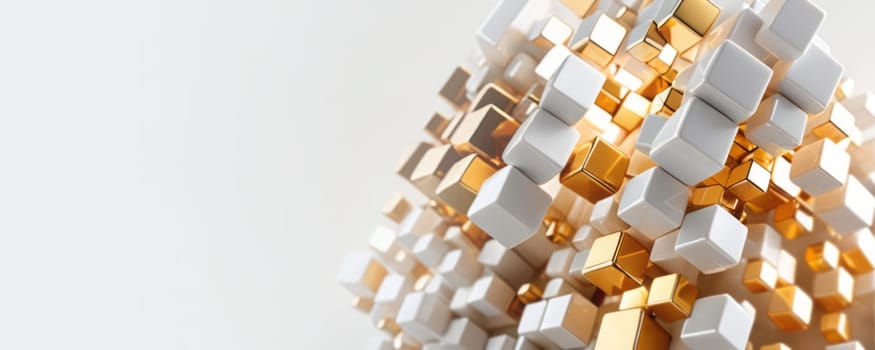 The image features a 3D structure of interconnected cubes in white and gold colors. The intricate arrangement of cubes and the bright illumination of the golden cubes against the white background create a visually striking contrast. The image evokes a sense of modernity and complexity. Generative AI