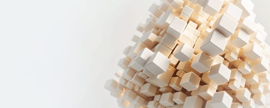 The image displays a cluster of white and beige cubes, forming an abstract 3D shape. The cubes of varying sizes appear to be floating or connected, illuminated from the top left corner, casting soft shadows and highlights on the surfaces. The minimalist aesthetic is emphasized by the white background. Generative AI