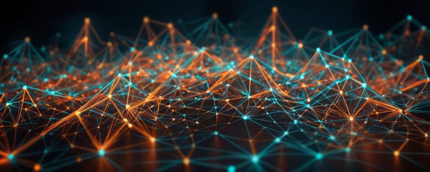 The image presents an intricate network of interconnected lines and dots, glowing in shades of blue and orange against a dark background. The intersection points emit light, enhancing the design and complexity of the network. The image conveys a technological and futuristic mood, suggesting themes of advanced computing or artificial intelligence. Generative AI