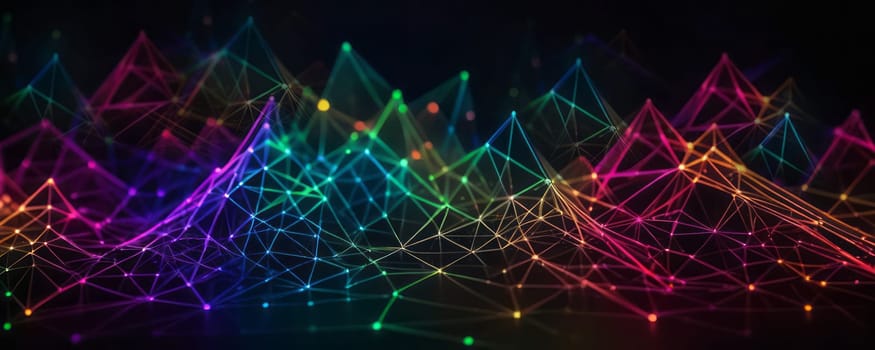 The image presents a vibrant network of interconnected lines and dots, forming a complex geometric pattern. The lines glow in a spectrum of colors like blue, pink, yellow, and green against a dark background. The image conveys a sense of futuristic technology and dynamic connectivity. Generative AI