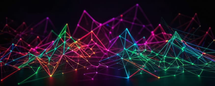 The image presents a dynamic network of interconnected lines and dots, forming a complex 3D geometric pattern. The lines glow in vibrant colors like green, red, purple, and blue against a dark background. The image conveys a sense of futuristic technology and dynamic connectivity. Generative AI