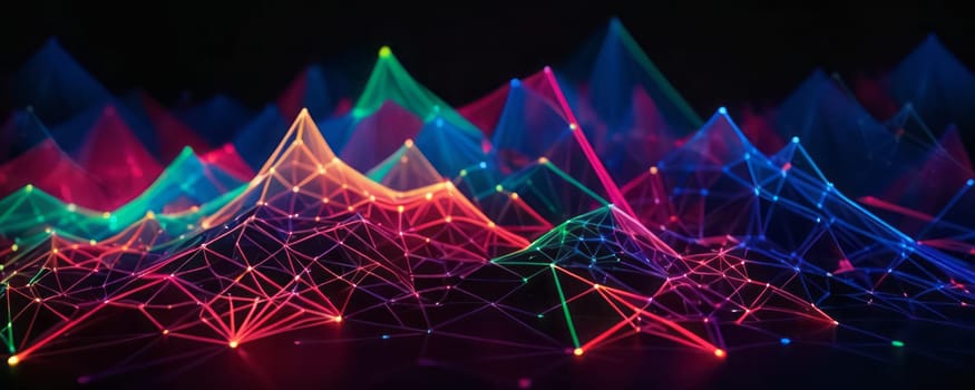 The image showcases a vibrant digital landscape made up of interconnected lines and dots, forming geometric shapes. The colors transition smoothly from green, yellow, red to purple, creating a visually appealing gradient effect. The image conveys a sense of futuristic technology and dynamic connectivity. Generative AI