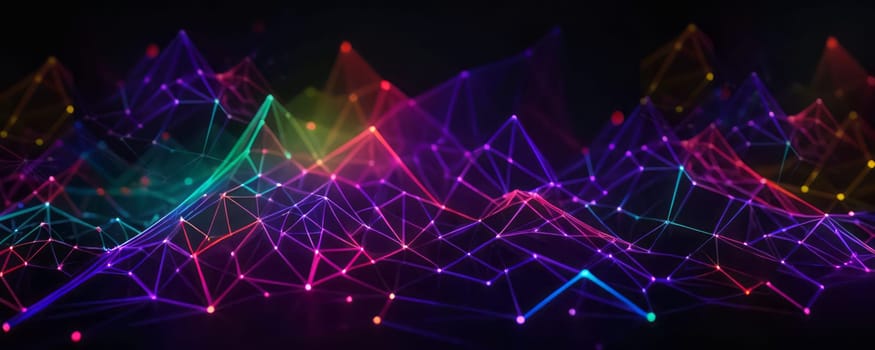 The image presents a vibrant network of interconnected lines and dots, forming a complex geometric pattern. The lines glow in a spectrum of colors like green, red, purple, and blue against a dark background. The image conveys a sense of futuristic technology and dynamic connectivity. Generative AI