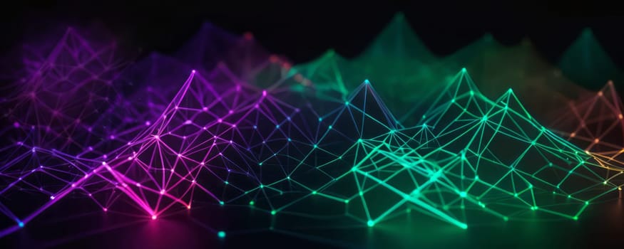 The image showcases a vibrant digital landscape made up of interconnected lines and dots, forming geometric shapes. The colors transition smoothly from purple to green, creating a visually appealing gradient effect. The image conveys a sense of futuristic technology and dynamic connectivity. Generative AI