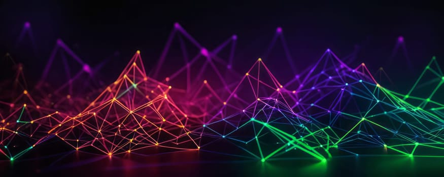 The image showcases a vibrant digital landscape made up of interconnected lines and dots, forming geometric shapes. The colors transition smoothly from red to purple, blue, and green, creating a visually appealing gradient effect. The image conveys a sense of futuristic technology and dynamic connectivity. Generative AI