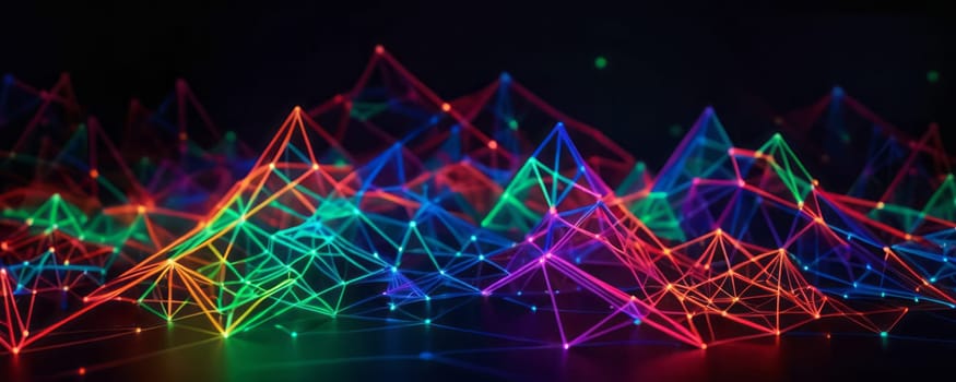 This image features a vibrant and colorful digital art piece with geometric shapes, specifically triangles, interconnected by lines. The artwork gives an impression of a dynamic and complex network or constellation glowing in the dark. The overall mood of the image is futuristic and abstract. Generative AI