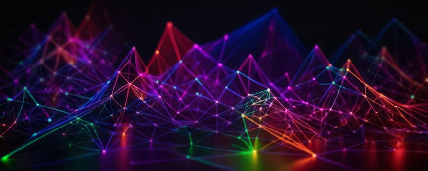 This image presents a vibrant and colorful digital landscape made up of interconnected lines and dots, forming geometric shapes like pyramids. The colors range from blue, green, red, purple, and their various shades illuminating the connections and vertices of the shapes. It gives off a neon glow effect against the dark background which enhances the visibility of each color. The intricate network of lines suggests complexity while the varying colors could indicate diversity or different types of connections or data points. Generative AI
