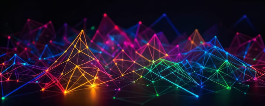 This image displays a vibrant and colorful array of interconnected lines and dots, forming geometric shapes against a dark background. The shapes resemble pyramids or mountains with their peaks and valleys illuminated by multicolored lights. It gives off a futuristic, digital aesthetic reminiscent of network connections or constellations in space. Generative AI