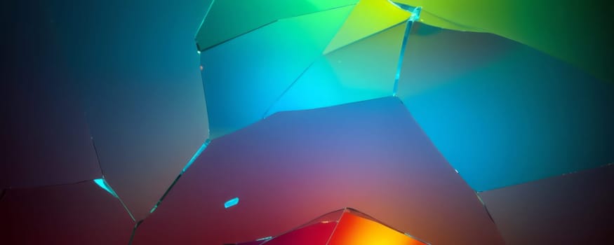 This image shows a close-up view of a surface made up of irregular, polygonal shapes. These shapes are illuminated from behind, creating a colorful display of lights. The colors range from deep red and orange to green and blue, giving the impression of a gradient or transition between warm and cool tones. The edges where these polygonal shapes meet are highlighted, emphasizing the geometric pattern. Generative AI