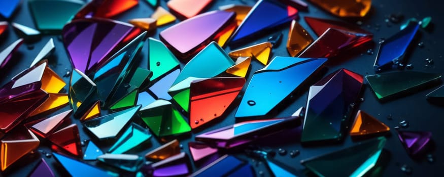 This image showcases a collection of colorful, shiny, and sharp-edged shards scattered across a surface. The shards come in various colors including blue, green, red, purple, and orange, reflecting light and creating a vibrant visual effect. The overall mood conveyed by this image is dynamic and visually stimulating due to the interplay of colors and reflections. Generative AI