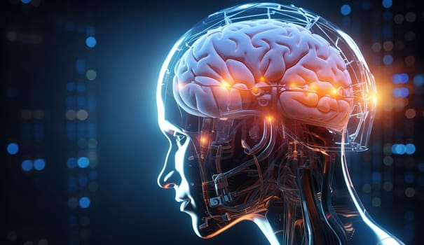 outline of human skull and brain with built-in glowing chips, mind control and management concept, augmented reality, futuristic future, Generated AI