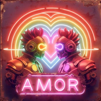 steampunk bee king and queen in love neon sign valentines illustration concept rusty background generative ai art