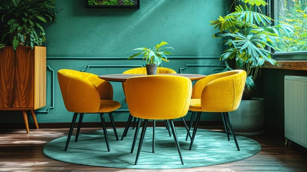 Modern living room interior. Minimal interior living room natural tone green and orange colour design concept.