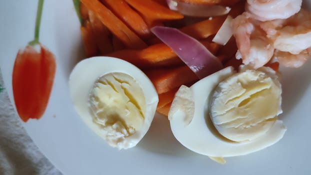 food boiled eggs, shrimp and sweet potato plate, lunch dinner cooking breakfast. High quality photo