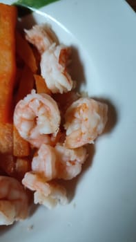 food boiled eggs, shrimp and sweet potato plate, lunch dinner cooking breakfast. High quality photo