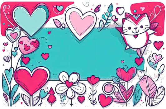 Valentines day flat abstract pink, azure hearts pastel background banner. Perfect for Valentines Day card, romantic themed design, voucher, greeting card, wrapping paper. Concept love. Copy space