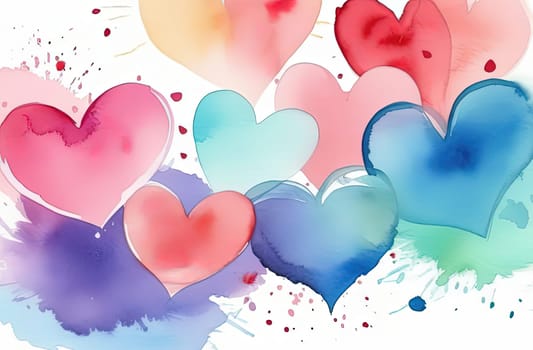 Valentines day watercolor abstract different hearts pastel background banner. Perfect for Valentines Day card, romantic themed design, voucher, greeting card, wrapping paper. Concept love. Copy space