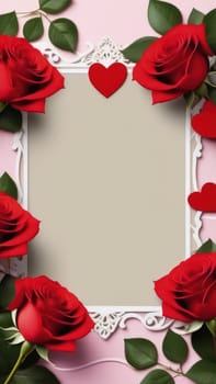 St. Valentines day, wedding vertical banner with abstract illustrated red hearts, roses on pink background. Use for cute love sale banners, print, vouchers or greeting cards. Concept love, copy space
