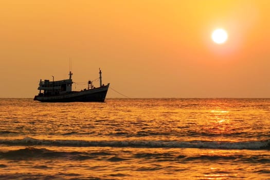 Sunset river boat silhouette view. River boat sunset landscape